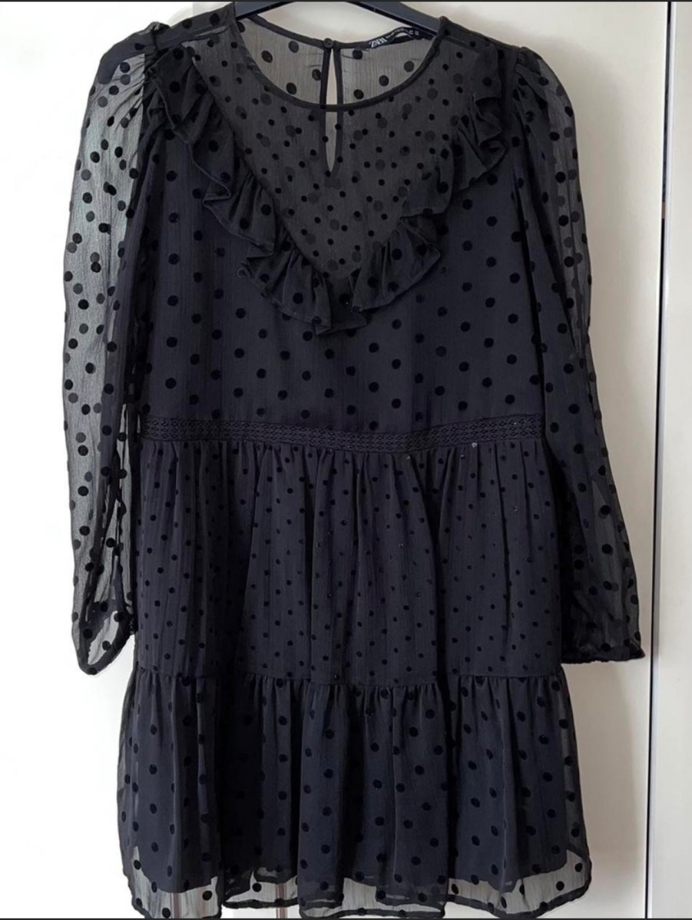 Zara Black Polka Dot Mesh Mini Dress Ruffle Flirty Romantic Long Sleeve Size M - Picture 2 of 8